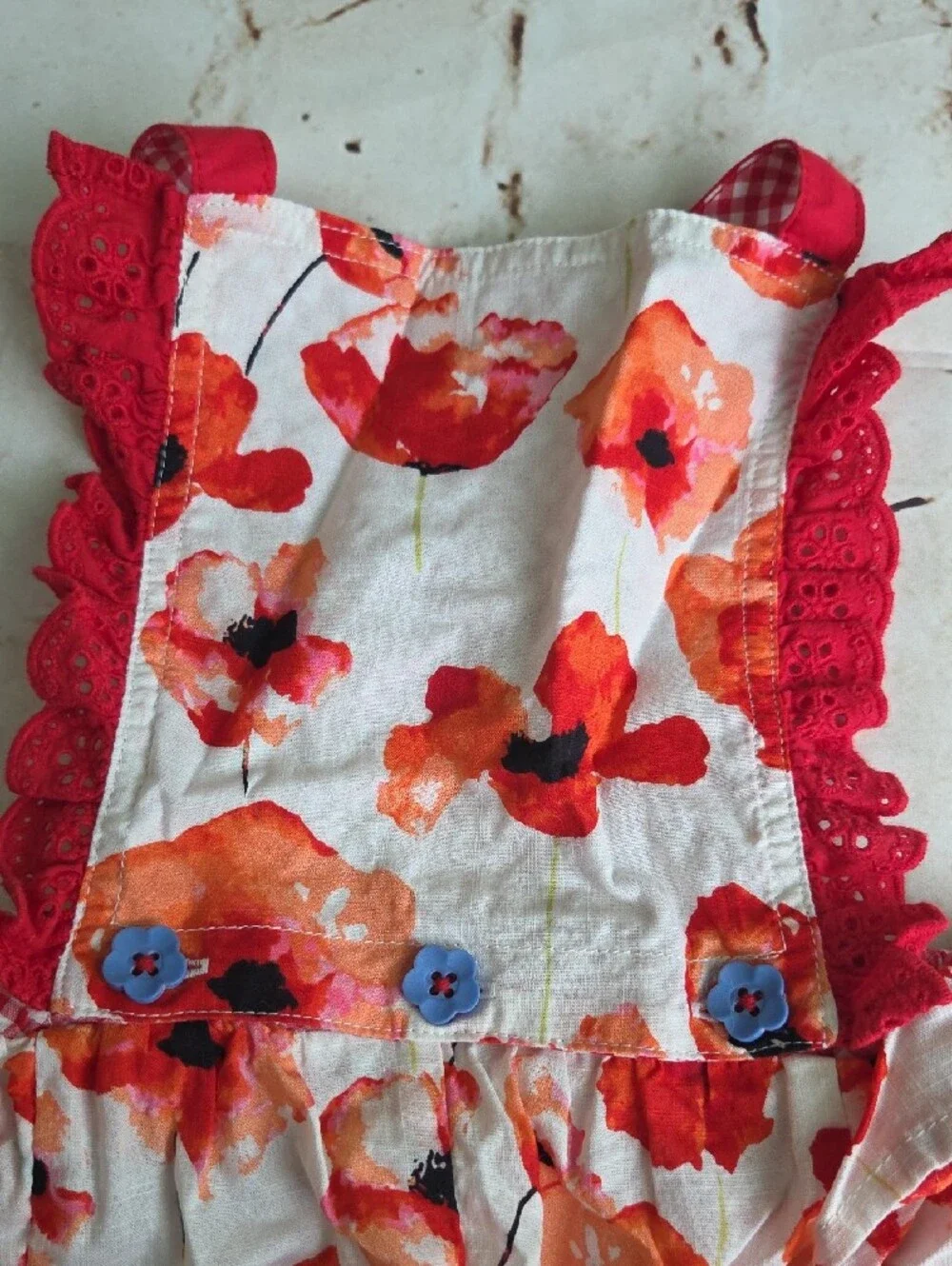 Red Floral Baby Romper with Eyelet Trim